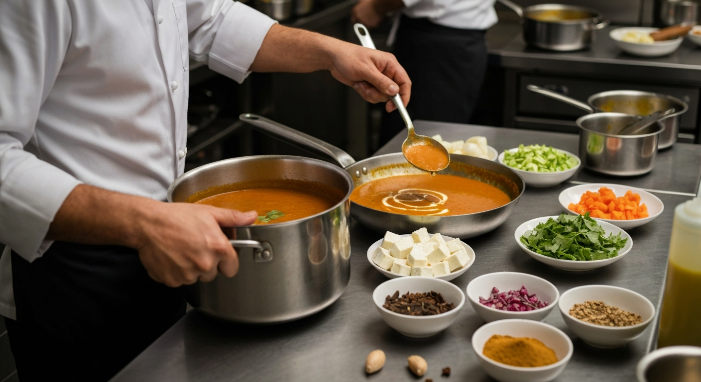 A professional chef quickly assembling an Indian curry dish in a bustling kitchen, using high-quality pre-made gravies from a container, with fresh ingredients and spices arranged neatly on a stainless steel counter.