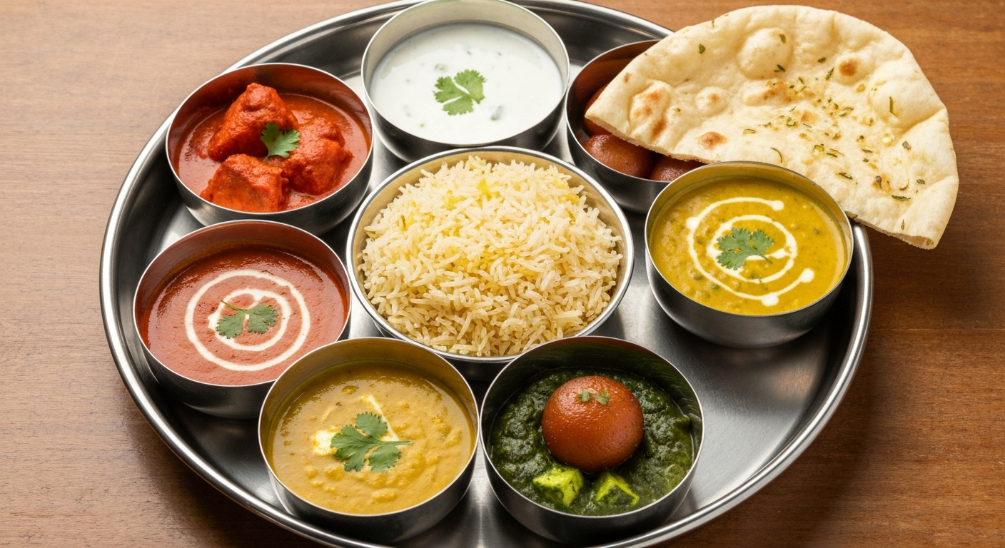 An exquisitely arranged Indian Thali meal combo on a traditional metal platter, featuring small bowls of various curries, dal, rice, naan, raita, and a small dessert, presented beautifully on a rustic wooden table.