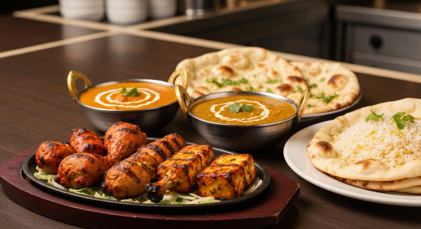 A vibrant spread of Indian dishes including tandoori chicken tikka, rich butter paneer, fluffy basmati rice, and naan bread, beautifully arranged on a rustic wooden table in a professional kitchen setting.