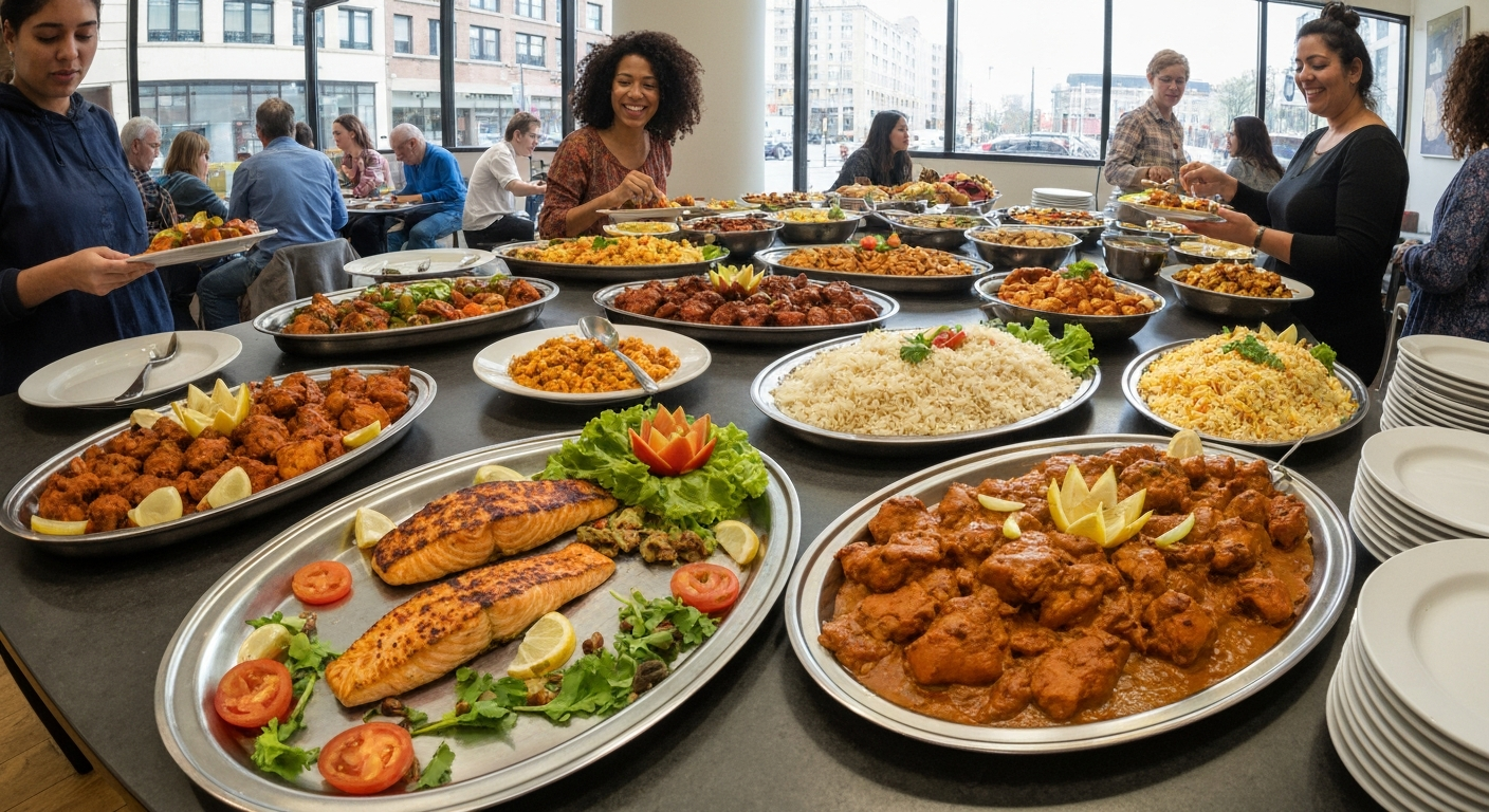 A vibrant and appetizing buffet spread of authentic Indian dishes, including creamy curries, fluffy basmati rice, and fresh naan bread, in a clean, professional canteen setting.