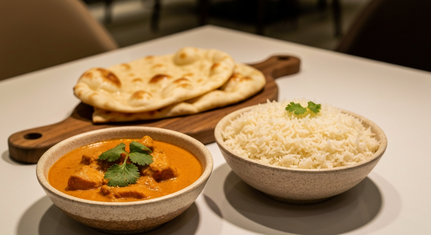 A beautifully plated Indian chicken curry, garnished with fresh cilantro, served with fragrant basmati rice and a side of naan bread in a professional restaurant setting.