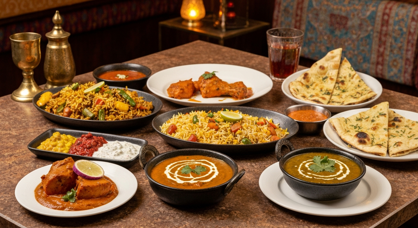 An inviting restaurant table set for an Indian themed evening, featuring various colorful Indian dishes like butter chicken, biryani, naan, and dal, with warm lighting and subtle cultural decor in the background.