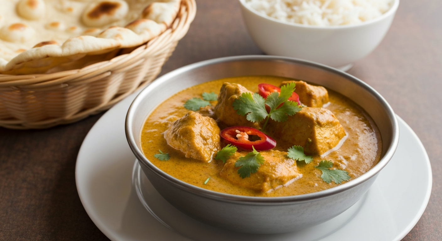 A vibrant, professionally plated Indian Butter Chicken dish with naan bread and rice, showcasing rich colors and textures.