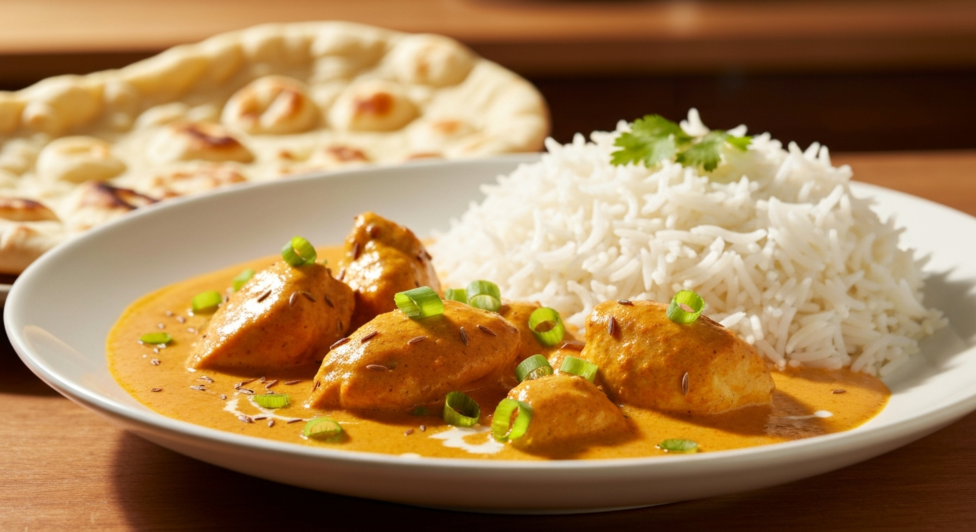 A perfectly plated Chicken Tikka Masala dish with basmati rice and naan bread, garnished with fresh cilantro, professionally photographed in a restaurant setting.