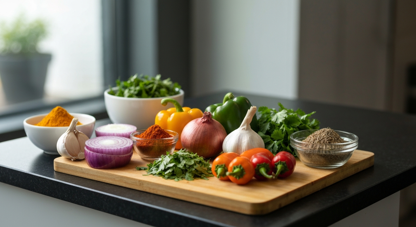 Vibrant professional flat lay of various pre-prepped Indian gravies and pastes in clear containers, alongside fresh spices, herbs, and finished Indian dishes like butter chicken and palak paneer on a kitchen countertop.