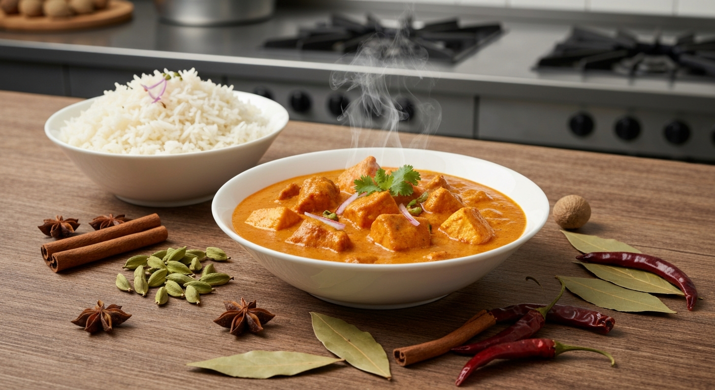 An appetizing professional food photography shot of a vibrant Indian curry in a serving bowl, surrounded by various whole spices like star anise, cinnamon sticks, and dried chilies, with a side of basmati rice, all arranged on a rustic wooden table in a well-lit kitchen setting.
