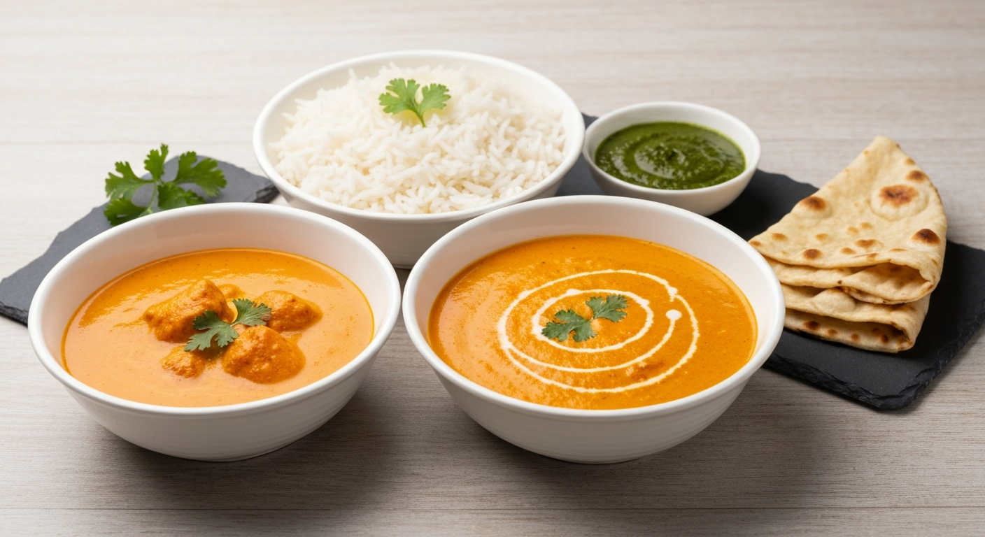 A vibrant and professionally arranged Indian meal kit featuring separate containers of rich Butter Chicken gravy, fragrant basmati rice, tender paneer cubes, and a side of fresh naan bread, all ready for assembly.