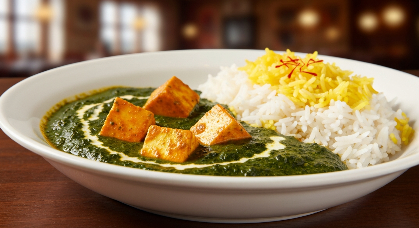 A professional chef plating an authentic Indian curry dish, showcasing vibrant colors and fresh garnishes, with a background of a modern, well-organized commercial kitchen.