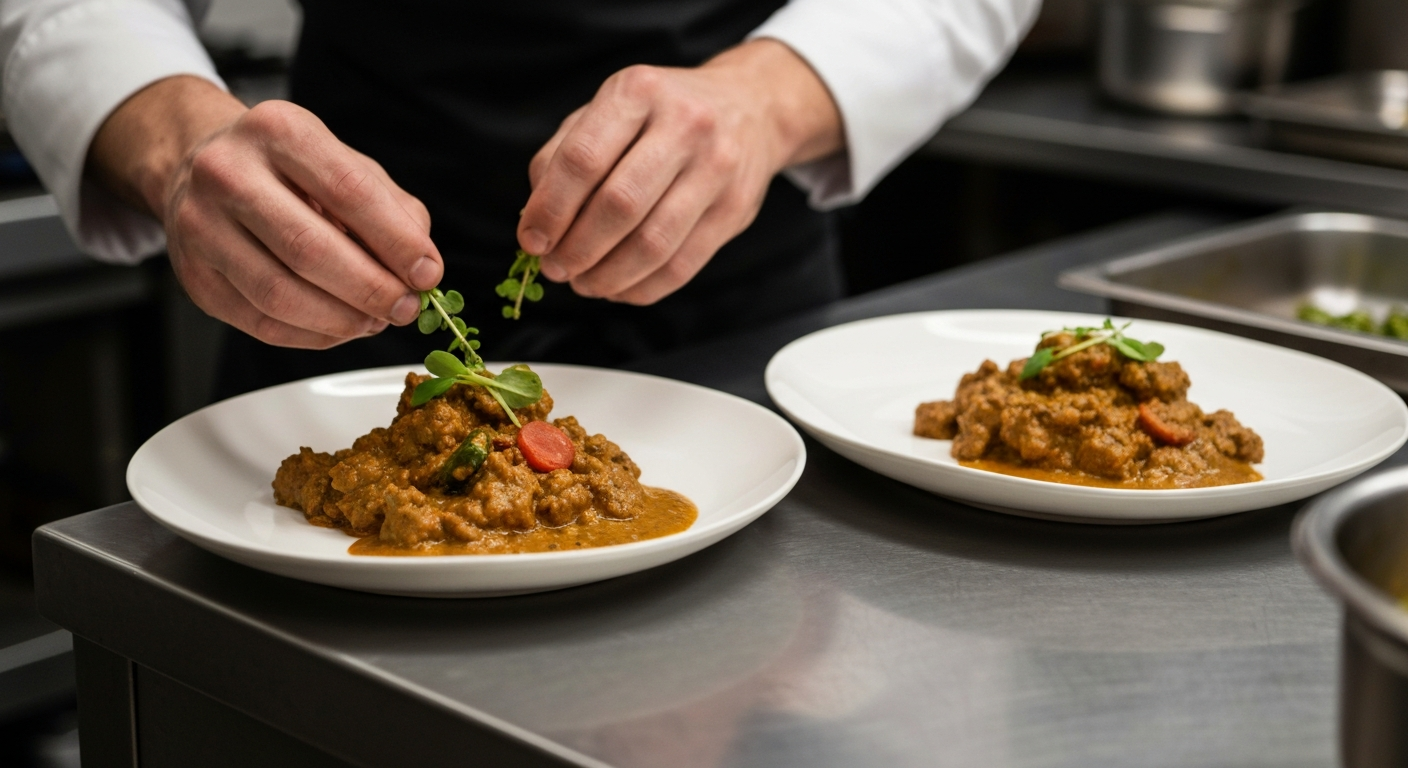 A chef expertly garnishing a vibrant Indian curry dish in a professional kitchen, showcasing efficiency and artistry