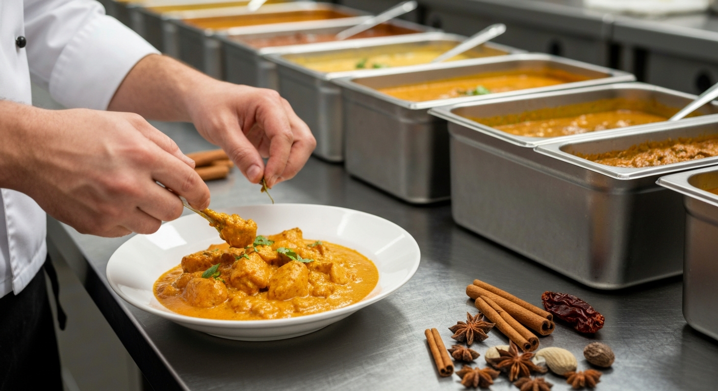 A professional chef plating a vibrant Indian curry dish, garnished with fresh cilantro, with a backdrop of various bulk Indian spices and gravies in a modern, clean commercial kitchen setting.