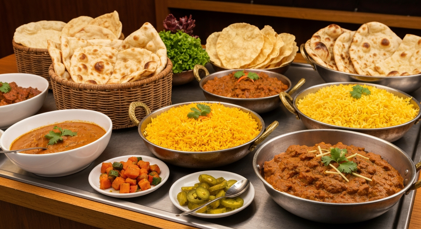 An elegantly presented array of vibrant Indian dishes, including rich curries, fragrant biryani, fresh naan bread, and colorful chutneys, set on a sophisticated table in a hotel banquet setting.
