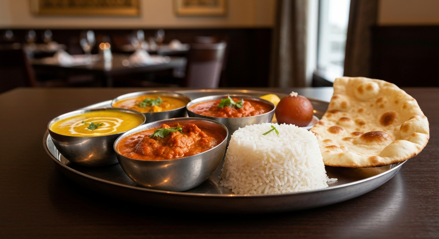 A vibrant and elegantly plated Indian thali showcasing a variety of curries, fragrant basmati rice, warm naan bread, and a small dessert, presented on a pristine white tablecloth in a sophisticated hotel restaurant setting.