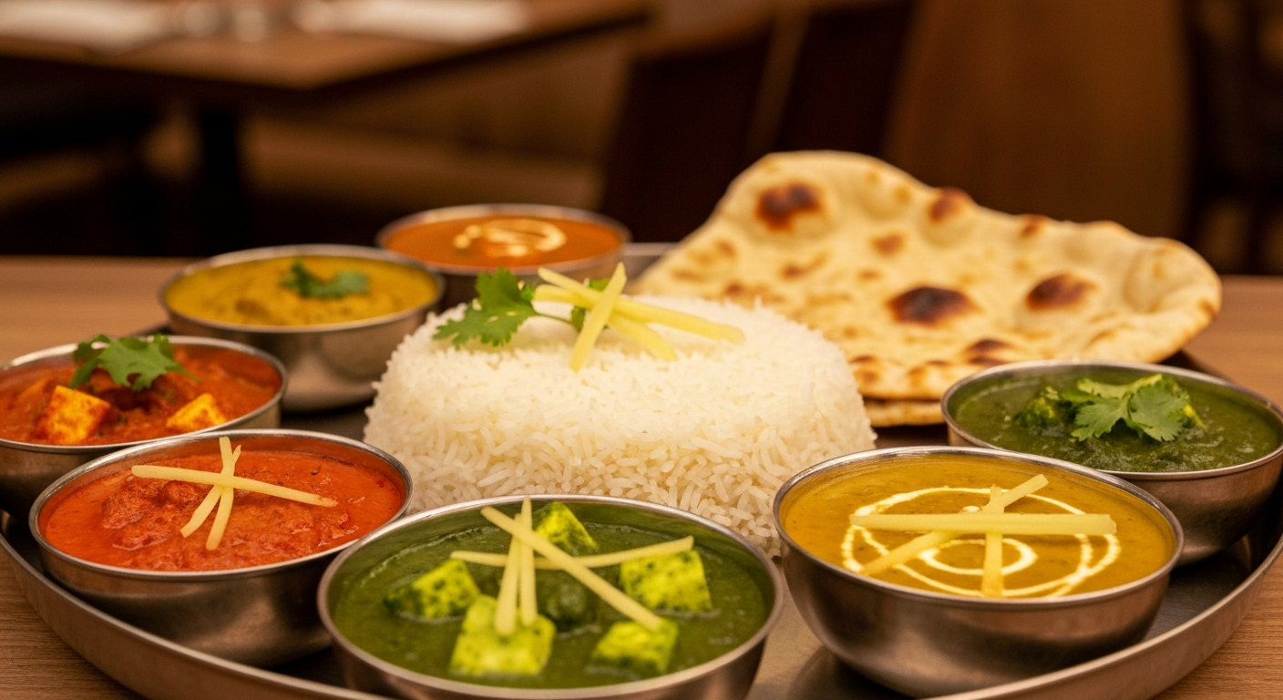 Vibrant and artfully plated Indian thali with a variety of colorful curries, rice, bread, and condiments, beautifully arranged on a rustic wooden table, ready for a professional food photoshoot.