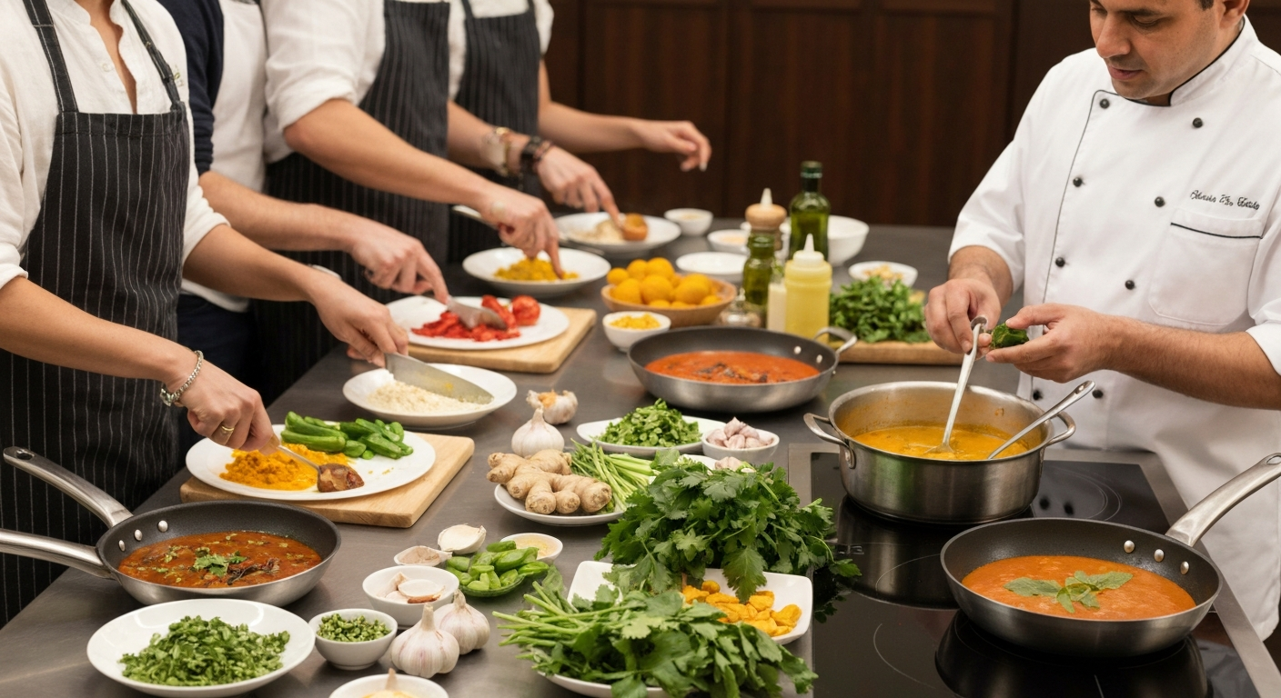 A vibrant and inviting scene of a hotel culinary workshop, with participants actively engaged in preparing an Indian dish, surrounded by colorful spices and fresh ingredients. A chef instructor guides them, and the atmosphere is one of learning and enjoyment. Focus on the hands-on activity and the delicious food being prepared.