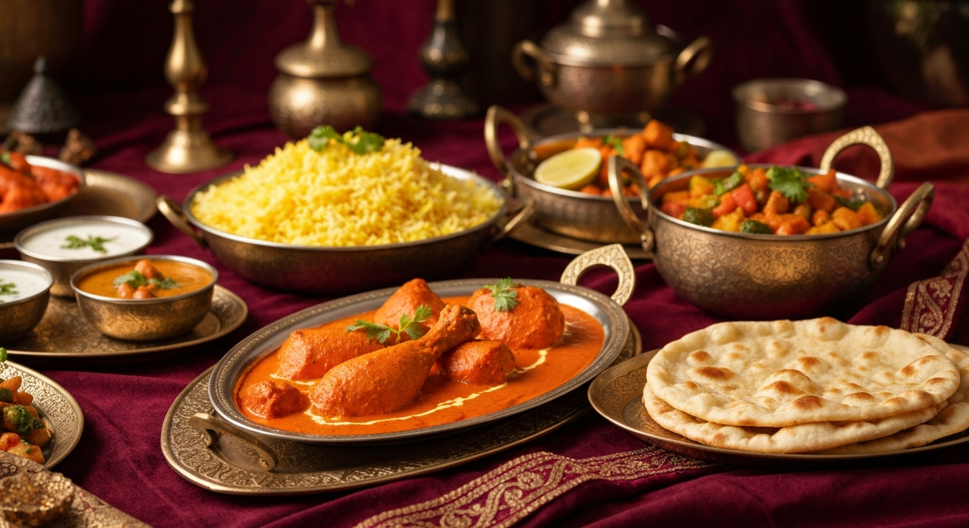 An elegantly plated Indian themed catering spread featuring butter chicken, saffron rice, naan bread, and assorted vegetable curries, set against a backdrop of rich, colorful fabrics and decorative elements, suitable for a royal feast themed event.