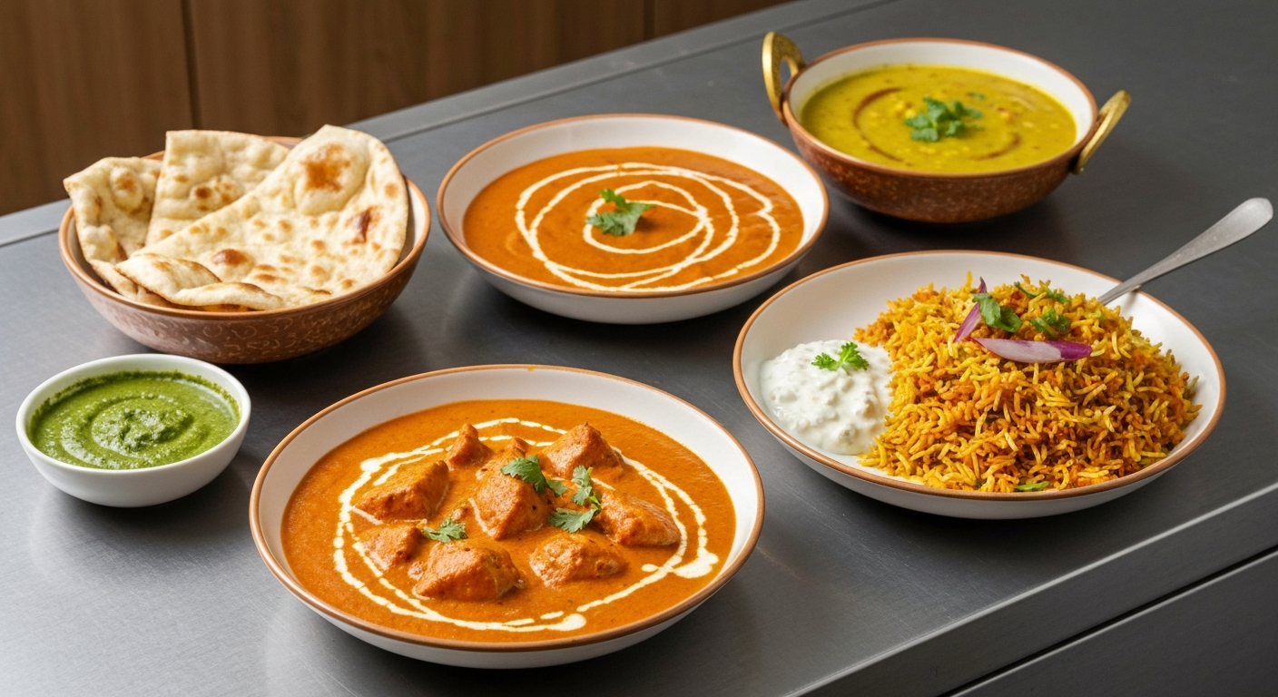 A vibrant spread of diverse Indian dishes, including a rich Butter Chicken, aromatic Biryani, assorted breads, and colorful chutneys, meticulously arranged on a professional kitchen counter.