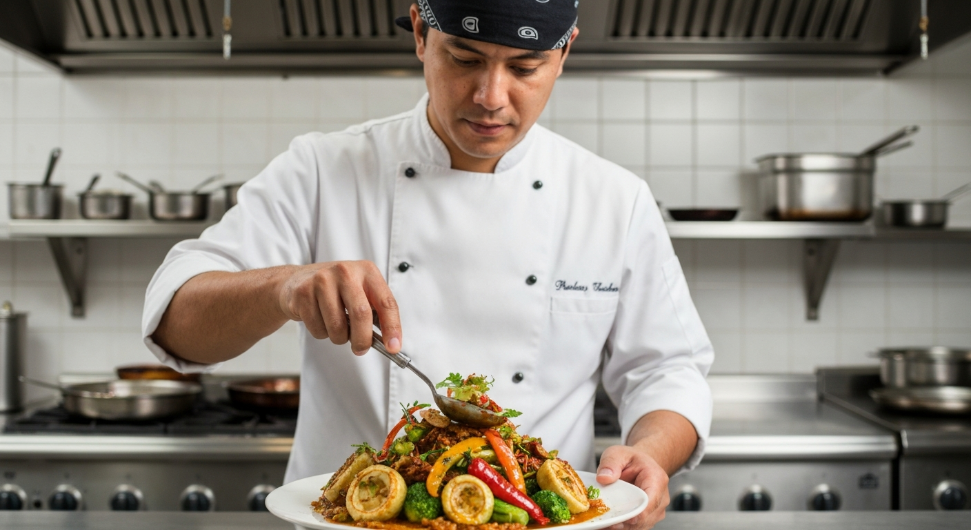 A professional chef calmly plating an exquisite Indian curry dish, with pre-prepared gravies and spices neatly arranged in the background, suggesting efficiency and reduced kitchen stress.