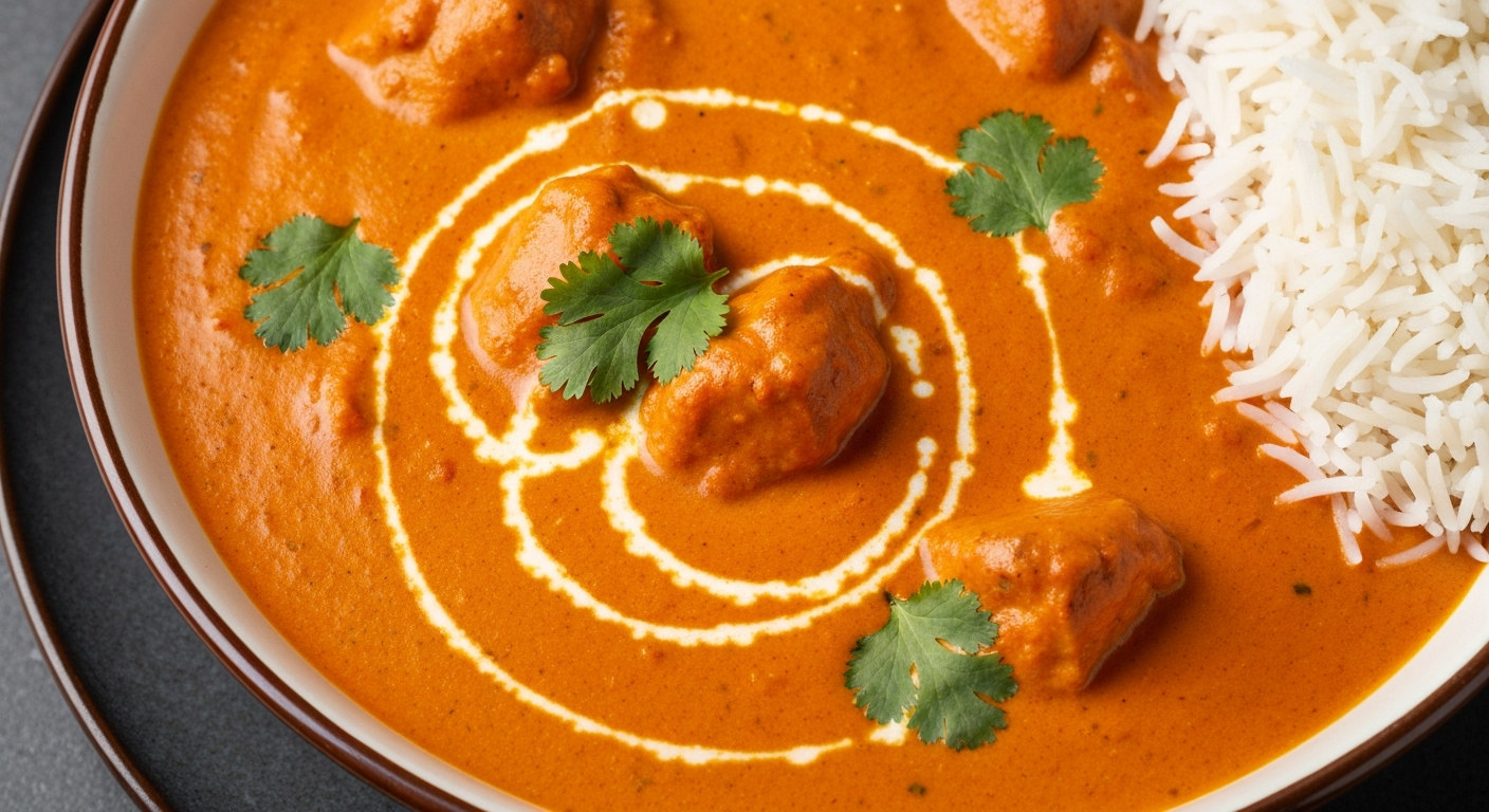 A perfectly plated, vibrant Indian butter chicken dish with basmati rice and fresh cilantro, showcasing rich, consistent gravy and inviting texture, ready to be served in a professional restaurant setting.