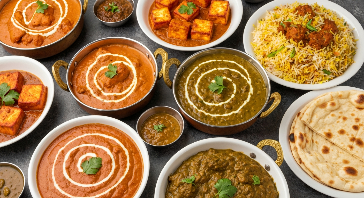 A vibrant and professionally plated array of authentic Indian dishes, including Butter Chicken, Paneer Makhani, Dal Makhani, Biryani, and naan bread, arranged for catering service with small serving bowls and garnishes.