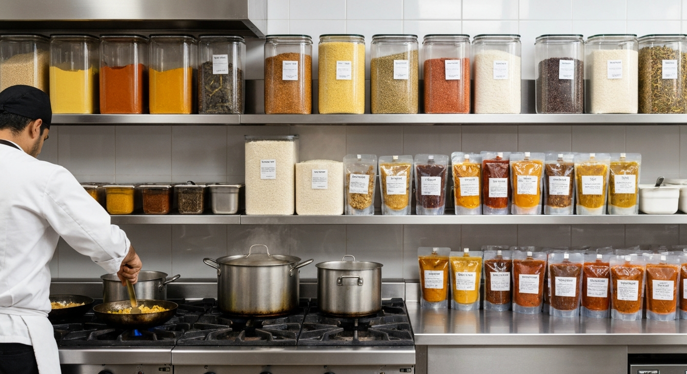 A professional chef preparing Indian dishes in a busy commercial kitchen, surrounded by neatly organized, long shelf life Indian gravies, spices, and rice in bulk containers, with no visible food waste.