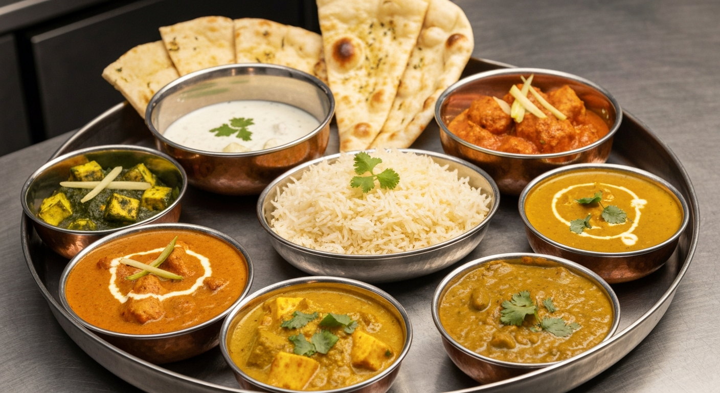 An overhead shot of an Indian Thali platter featuring a variety of colorful and aromatic Indian curries, rice, naan bread, and condiments, artfully arranged on a rustic wooden table in a professional kitchen setting.