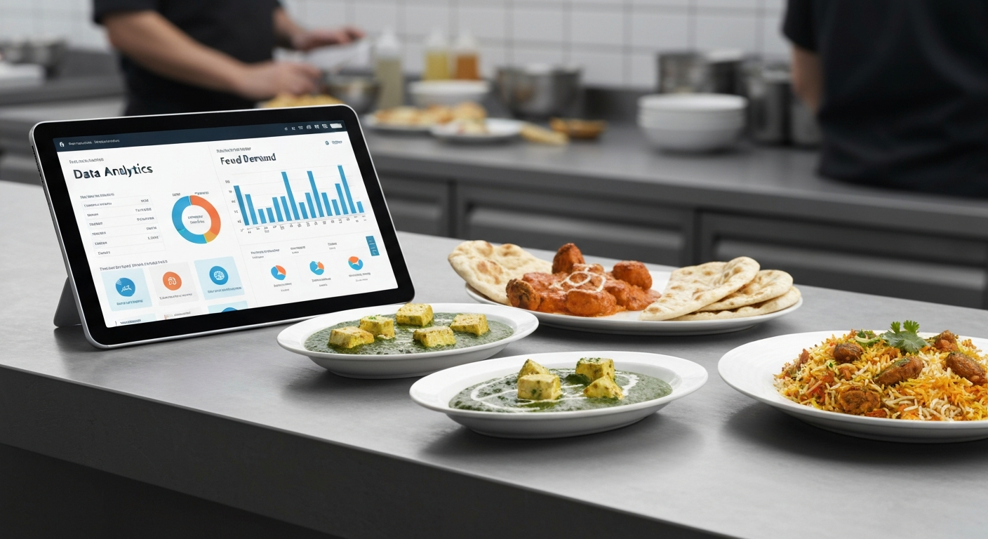A modern ghost kitchen counter displaying a tablet with demand forecasting graphs next to beautifully plated Indian dishes like Butter Chicken, Palak Paneer, and Biryani, ready for delivery.
