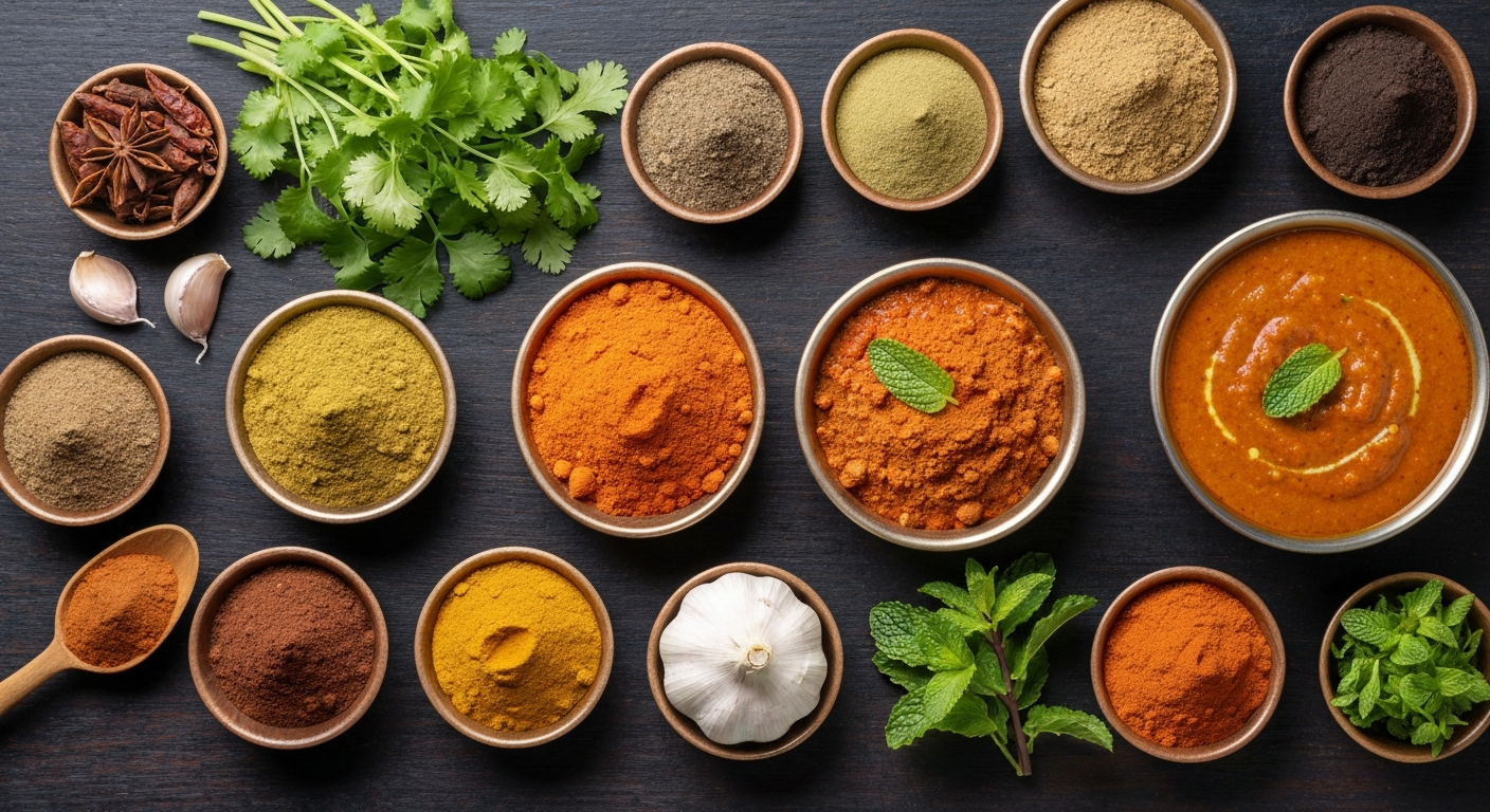 Top-down view of vibrant Indian spices, fresh herbs, and a rich curry gravy in a professional kitchen setting.