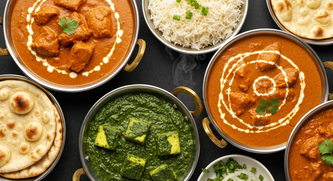 An overhead shot of an array of vibrant, authentic Indian dishes, including a rich chicken tikka masala, a creamy paneer butter masala, fluffy basmati rice, and warm naan bread, beautifully plated for professional presentation.