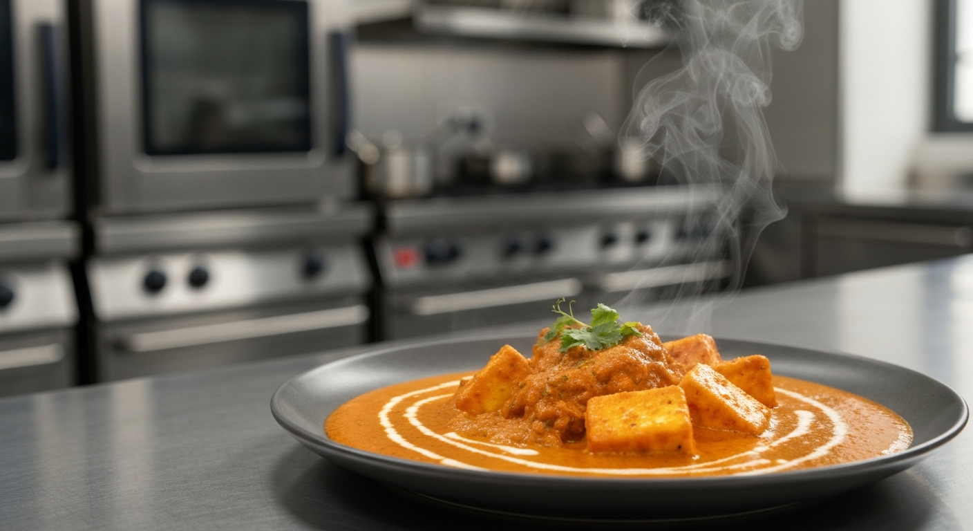 Plated Butter Chicken in a modern hotel kitchen setting.
