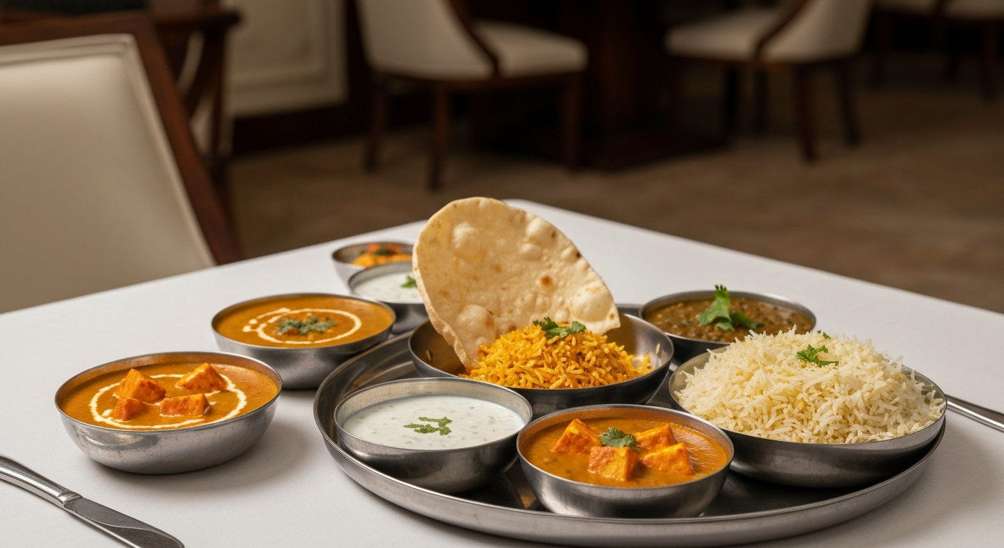 A vibrant, beautifully plated Indian thali with paneer butter masala, dal makhani, fragrant basmati rice, crispy naan, and cooling raita on an elegant table in a hotel restaurant setting.
