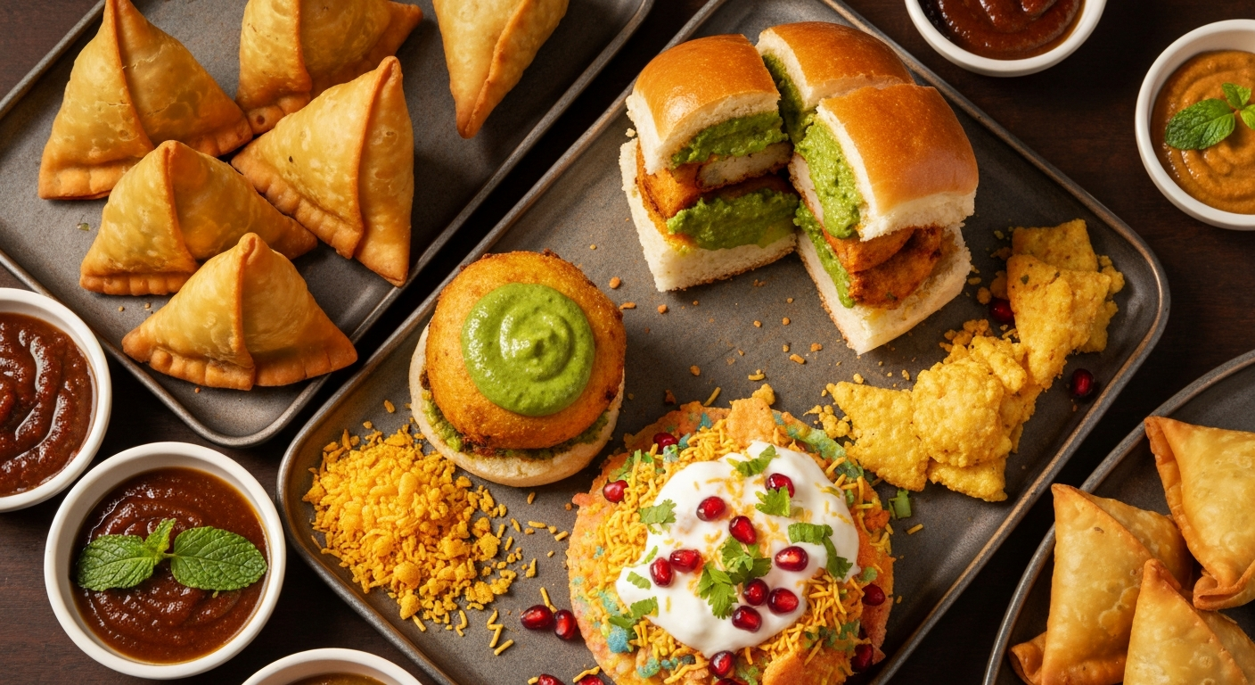 Assortment of vibrant, professionally prepared Indian street food snacks including samosas, vada pav, and various chaat items, arranged attractively on a rustic wooden board with small bowls of chutneys.