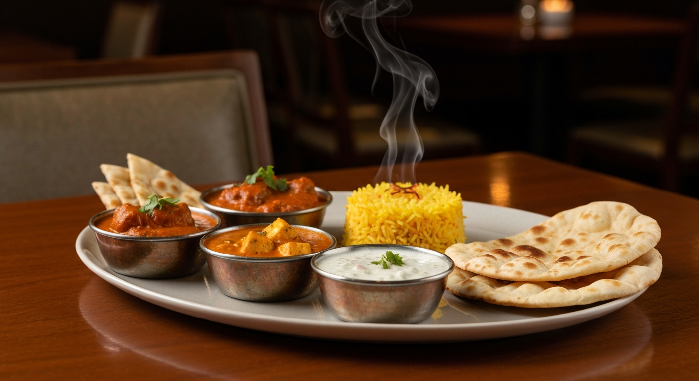 An elegant Indian thali featuring a rich butter chicken, creamy paneer makhani, fragrant saffron rice, soft naan, and vibrant raita, presented on a polished wooden table in an upscale restaurant.