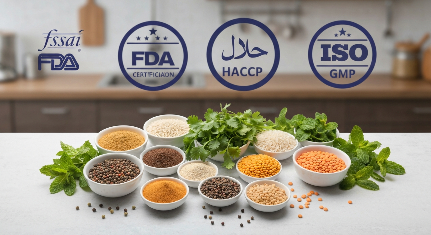 Flat lay of various Indian spices, fresh herbs, lentils, and rice, with subtle certification logos in the background, signifying quality and dietary compliance.