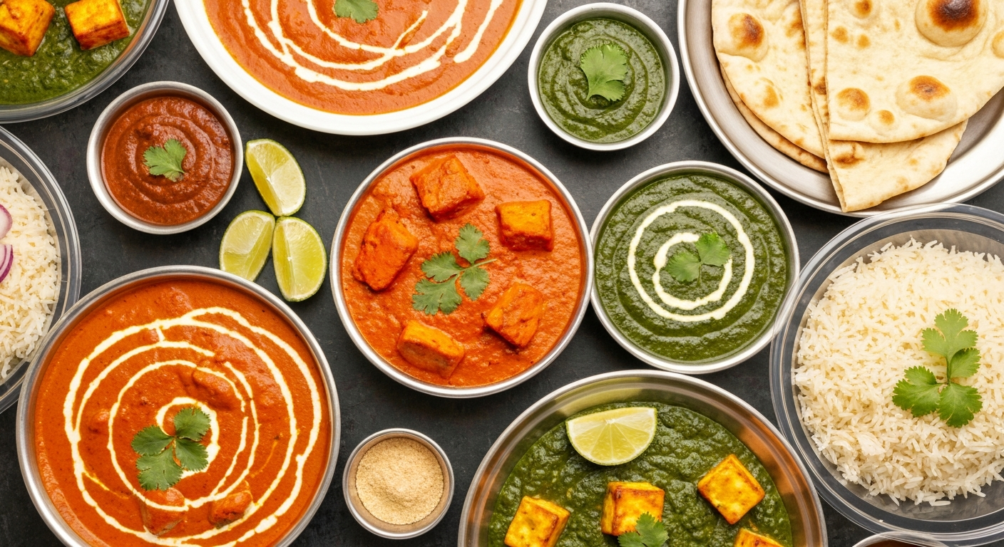 A vibrant and appetizing spread of various Indian dishes, including a rich butter chicken, a creamy paneer makhani, fluffy basmati rice, and fresh naan bread, arranged artfully for a catering buffet or a gourmet meal kit.
