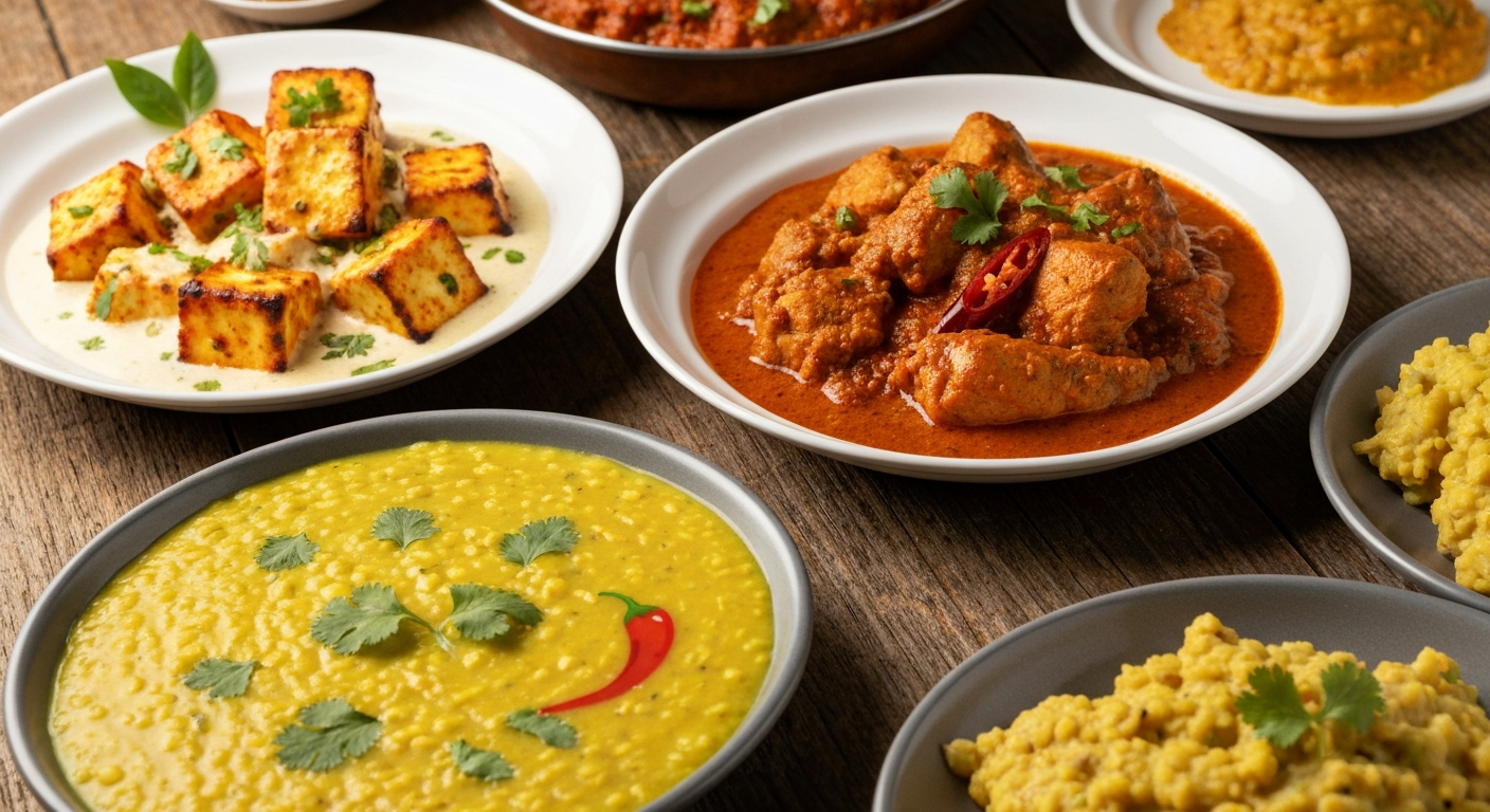 A vibrant spread of personalized Indian dishes, including a mild paneer tikka, a spicy chicken curry, and a vegan lentil dal, each subtly marked for dietary preference or spice level, on a rustic wooden table in a professional restaurant setting.