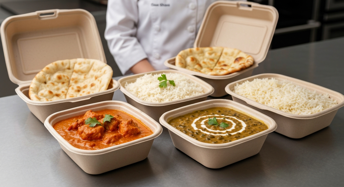 A selection of vibrant Indian curries and rice dishes, elegantly arranged in various eco-friendly and leak-proof takeaway containers, ready for delivery.