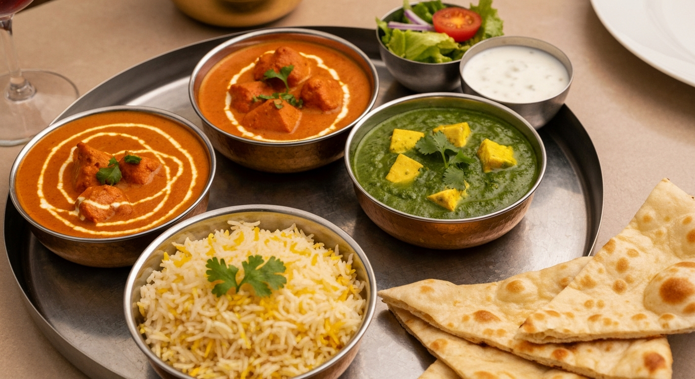 An elegantly plated Indian thali with various curries, rice, bread, and condiments, showcasing premium Indian cuisine suitable for a luxury hotel setting.