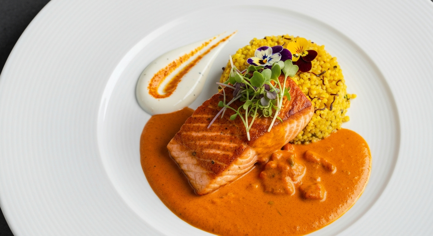 A beautifully plated fusion dish, perhaps a spiced salmon with a vibrant curry sauce and delicate garnish, showcasing the elegant integration of Indian flavors into global cuisine.