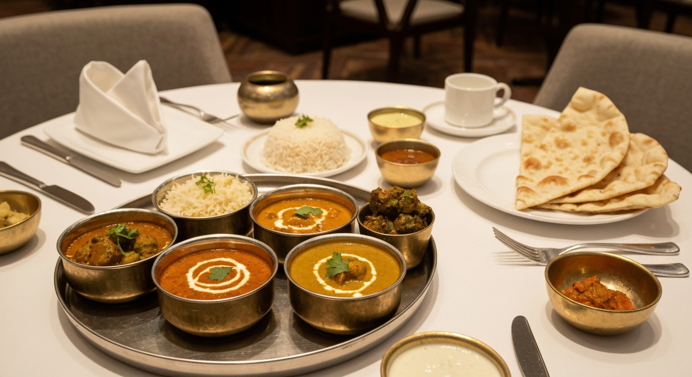 An exquisite Indian Thali platter presented beautifully on a luxurious dining table in a high-end hotel setting, with various small bowls of vibrant curries, rice, bread, and condiments.