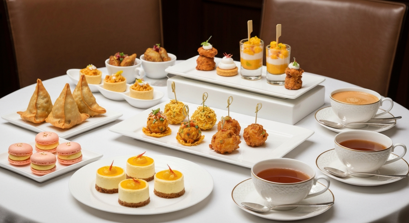 An elegant hotel afternoon tea table featuring a spread of Indian-inspired savory snacks like miniature samosas and pakoras, colorful chaat, alongside delicate fusion pastries such as mango lassi macarons and saffron cheesecakes. Fine teacups hold authentic masala chai and premium Indian black teas. The setting is luxurious and inviting.