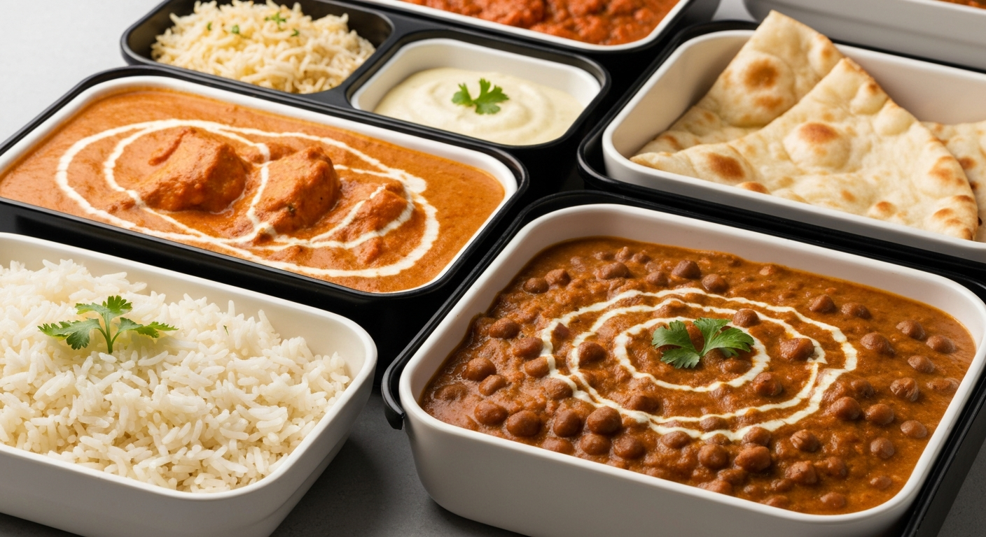 A visually appealing spread of authentic Indian dishes, including a creamy chicken tikka masala, a vibrant chana masala, fluffy basmati rice, and warm naan bread, arranged for airline or cruise catering service.