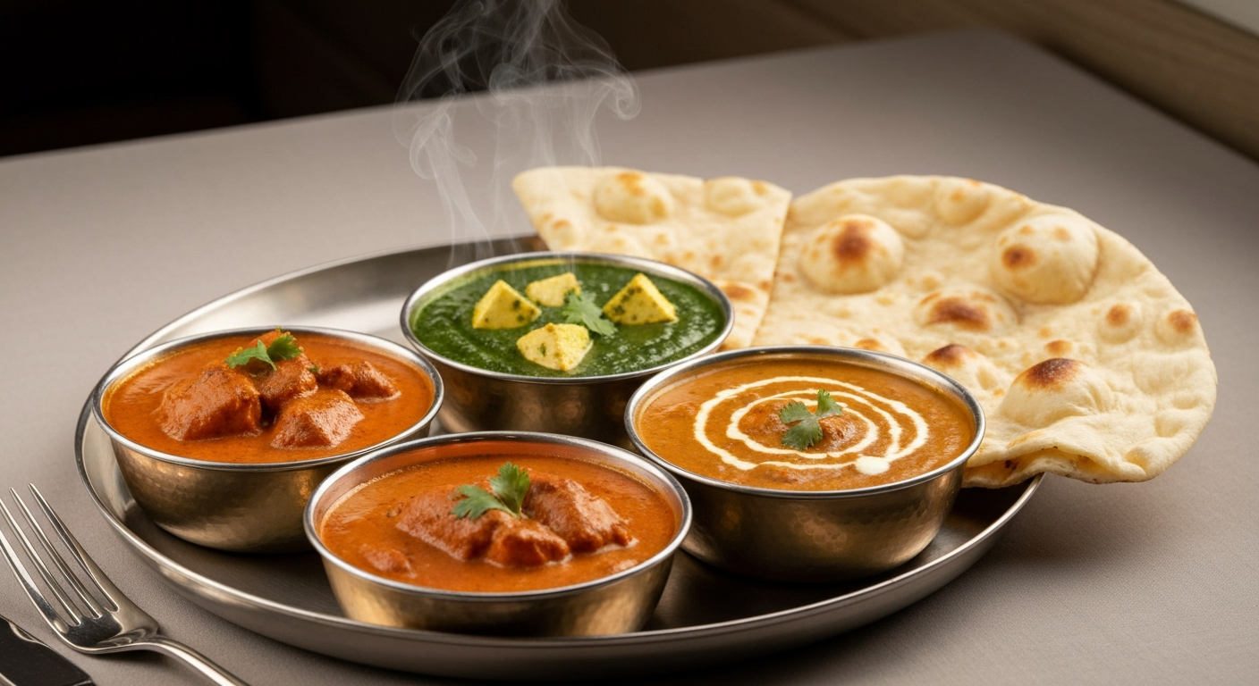 A beautifully plated Indian thali featuring Butter Chicken, Palak Paneer, Dal Makhani, fragrant Basmati rice, and naan bread, set against a luxurious backdrop, representing premium travel dining.