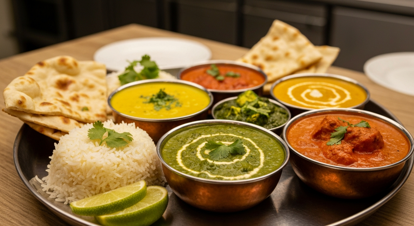A vibrant and inviting thali with various authentic Indian curries, rice, and naan, professionally plated in a restaurant setting.