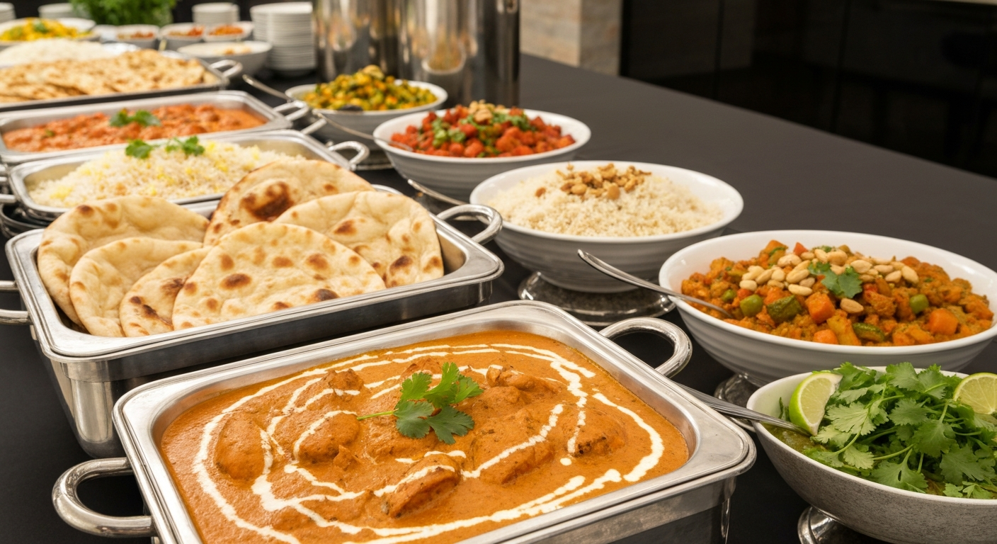 An elegantly plated Indian catering spread, featuring a vibrant butter chicken curry, fluffy basmati rice, assorted naan bread, and fresh cilantro garnish, set on a sophisticated buffet table with decorative elements.