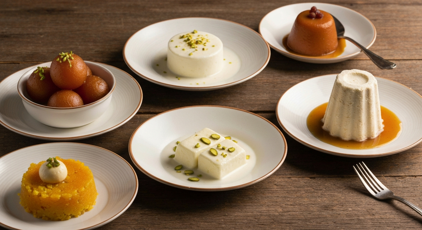A beautifully plated, diverse selection of gourmet Indian desserts: a small bowl of golden gulab jamun, a delicate rasmalai garnished with pistachios, a creamy kulfi in a traditional mold, and a vibrant halwa, all arranged on a rustic wooden table with elegant serving ware, professional food photography, shallow depth of field, warm lighting.