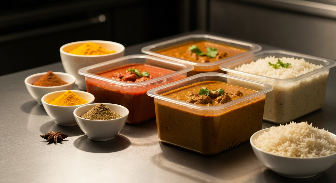 Assortment of vibrant Indian gravies and spices in professional kitchen containers, ready for bulk foodservice distribution.