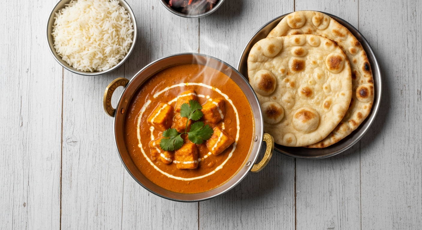 An overhead shot of a perfectly plated, vibrant Indian curry dish, such as Butter Chicken or Paneer Makhani, garnished with fresh cilantro and a swirl of cream, served alongside fluffy basmati rice and warm naan bread in a professional restaurant setting.