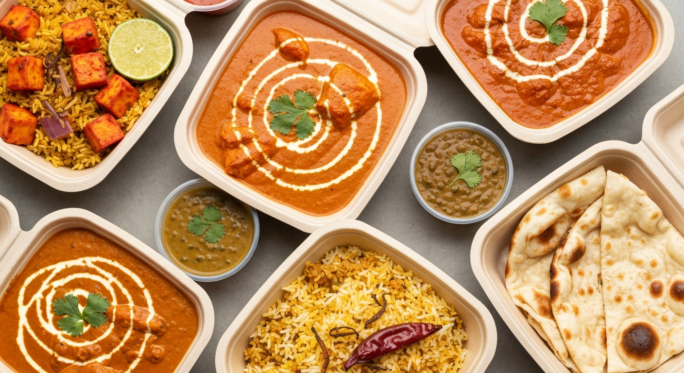 Assortment of premium Indian dishes in modern, eco-friendly takeout containers, ready for delivery.