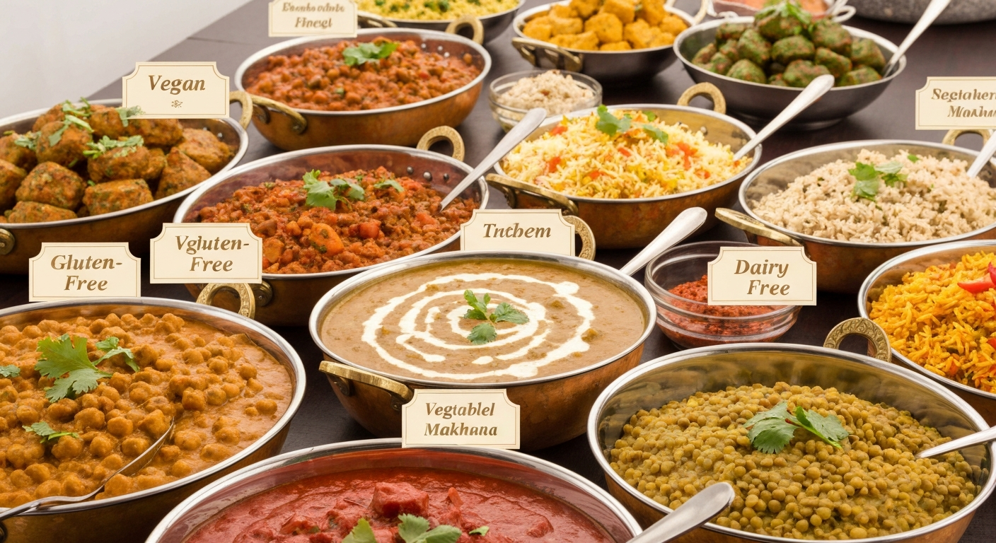 An inviting buffet spread of diverse Indian dishes, including vibrant vegetable curries, fragrant biryani, several types of dal, gluten-free flatbreads, and fresh salads, all clearly labeled with dietary icons like vegan, gluten-free, and dairy-free.