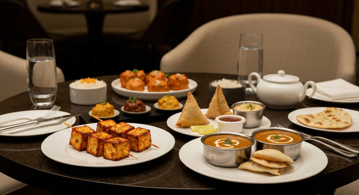 Elegant spread of premium Indian small plates and main courses suitable for a hotel club lounge, including paneer tikka, mini samosas, butter chicken, and dal makhani, beautifully presented on a sophisticated table setting.